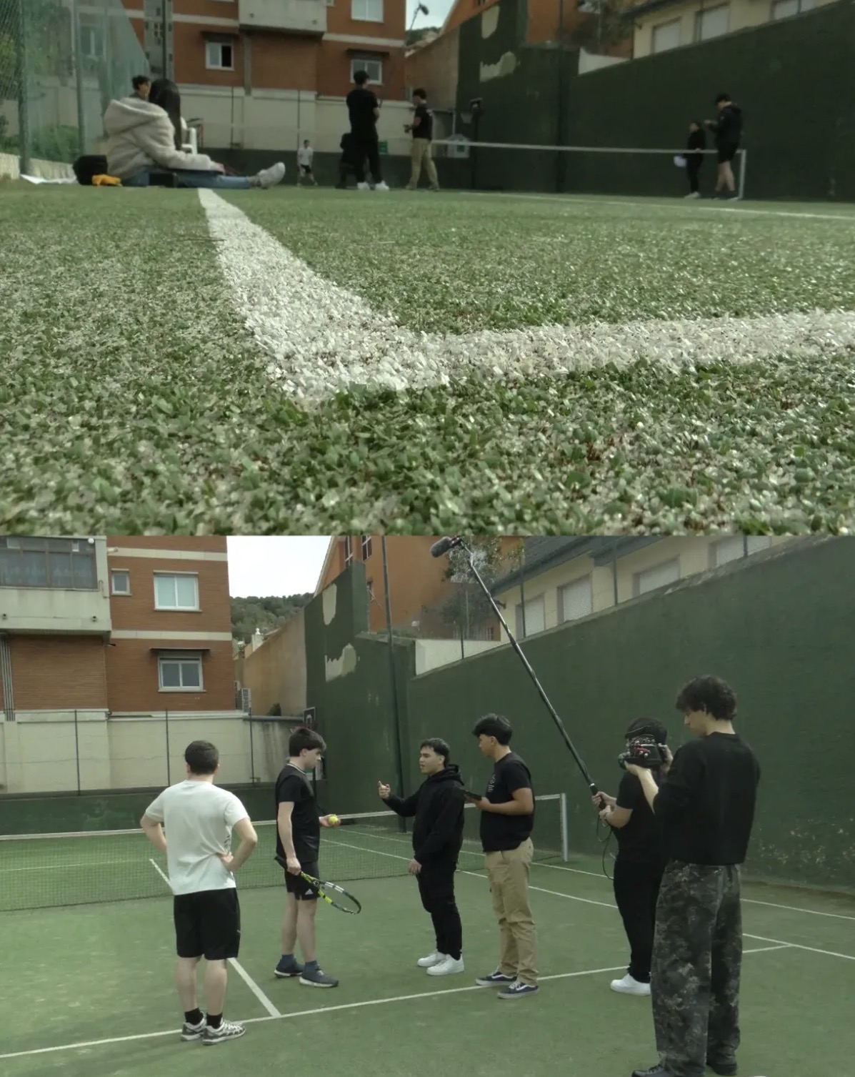 Rodaje en pista de tenis con pértiga de sonido