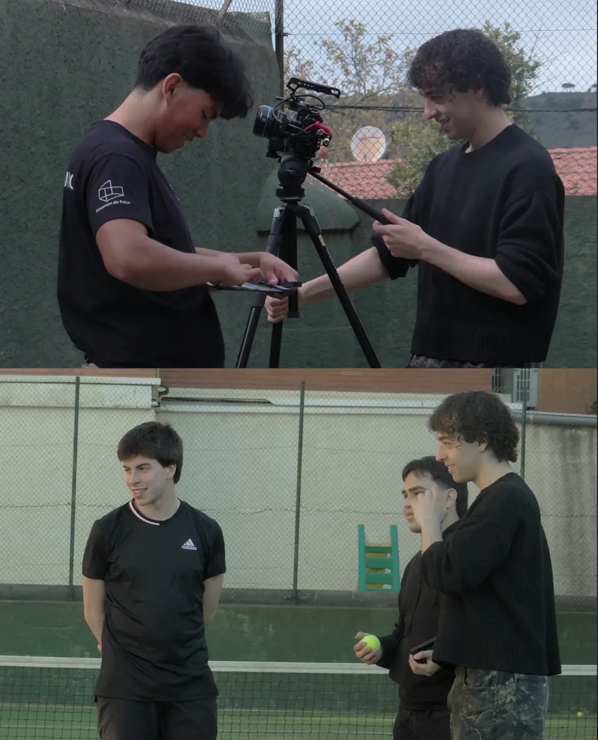Equipo preparando cámara en trípode